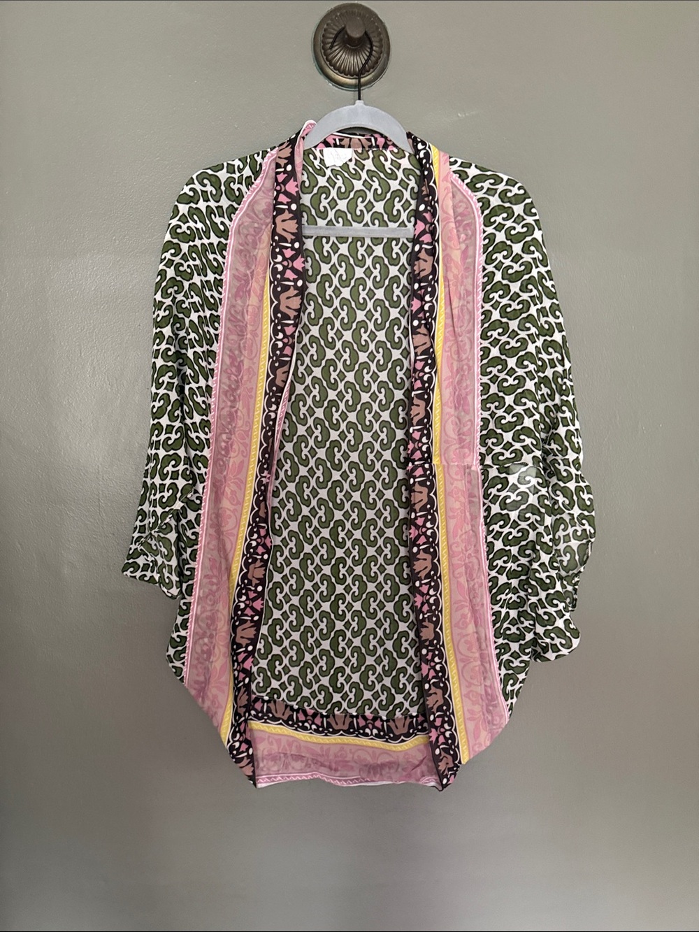 Printed Open Kimono Cardigan in Olive Green & Pink
